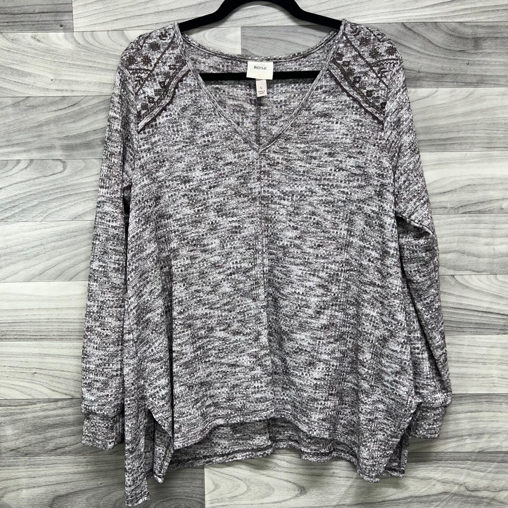 Knox Rose Blouse Women's Large Brown Heather Long Sleeve Embroidered V-Neck Top